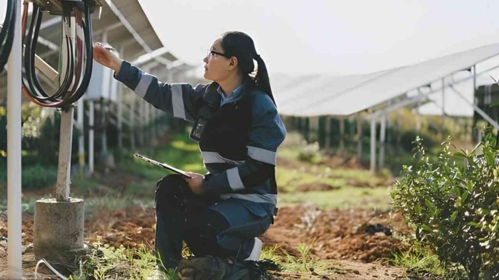 Frau in Arbeitskleidung überprüft elektrische Anschlüsse in einer Solaranlage.