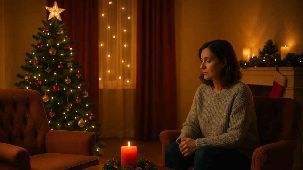 Frau in einem gemütlichen Raum mit Weihnachtsbaum und Kerze, die nachdenklich sitzt.