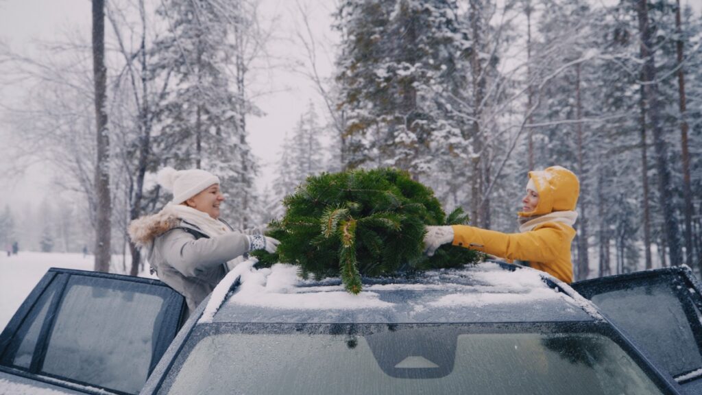 Zwei Frauen laden einen Weihnachtsbaum auf das Dach eines Autos in einer verschneiten Umgebung.