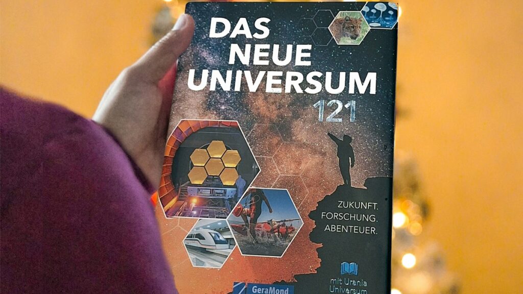 Buchcover von 'Das neue Universum' mit Bildern von Weltraumforschung und Technologien.
