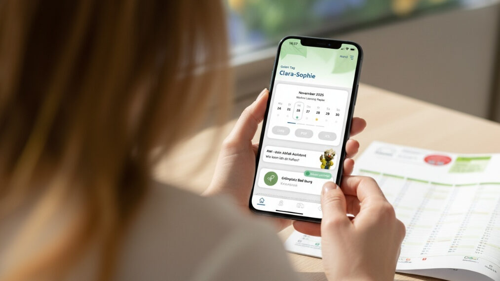 Person, die ein Smartphone mit einer App zur Abfallentsorgung in der Hand hält, während sie auf einen Tisch schaut.