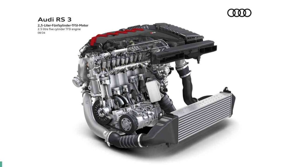 Audi RS 3 2,5-Liter-Fünfzylinder-TFSI-Motor mit detaillierter Darstellung und Komponenten.