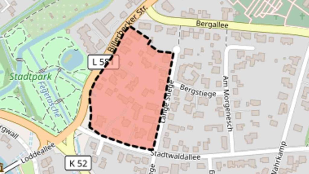 Bebauungsplan für das Wohnquartier Billerbecker Straße mit markierten Grenzen und Straßenverlauf.