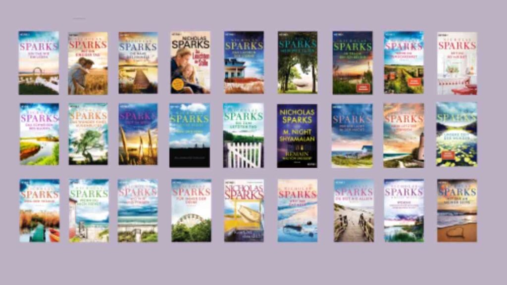 Buchcover von Nicholas Sparks mit verschiedenen Titeln und Bildern, die romantische Themen darstellen.