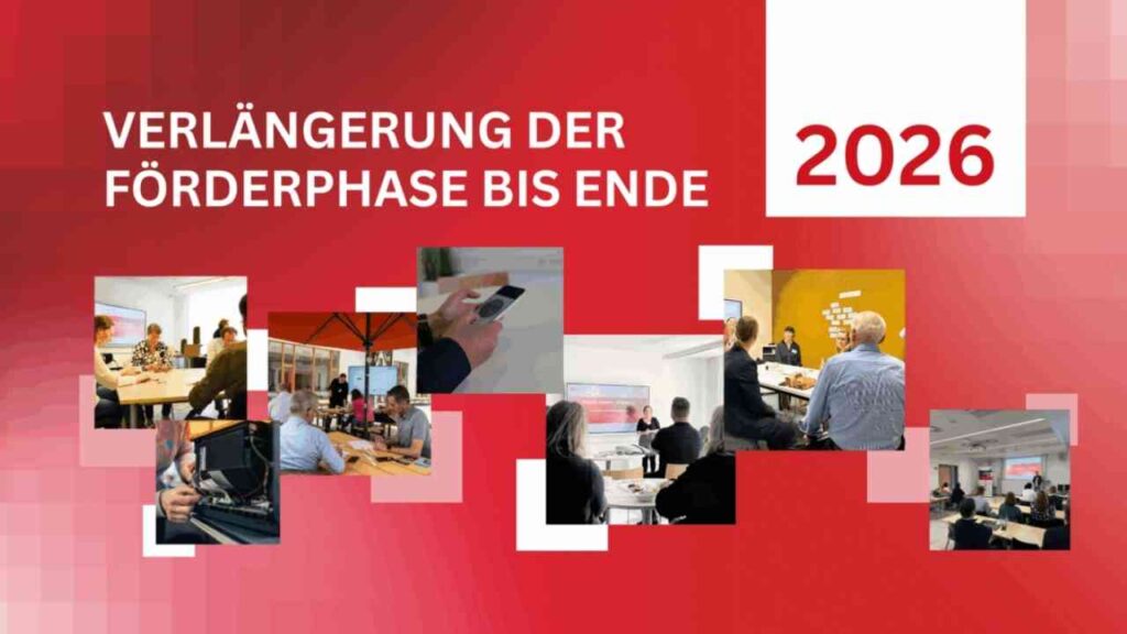 Grafik zur Verlängerung der Förderphase bis Ende 2026 mit verschiedenen Besprechungen und Präsentationen.