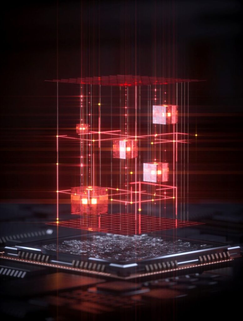 Grafik eines Quantencomputers mit leuchtenden, rotierenden Quantenwürfeln über einer Mikrochip-Oberfläche.