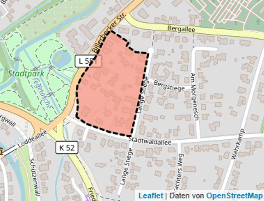 Karte des Bebauungsplans für das Wohnquartier Billerbecker Straße mit markiertem Geltungsbereich.