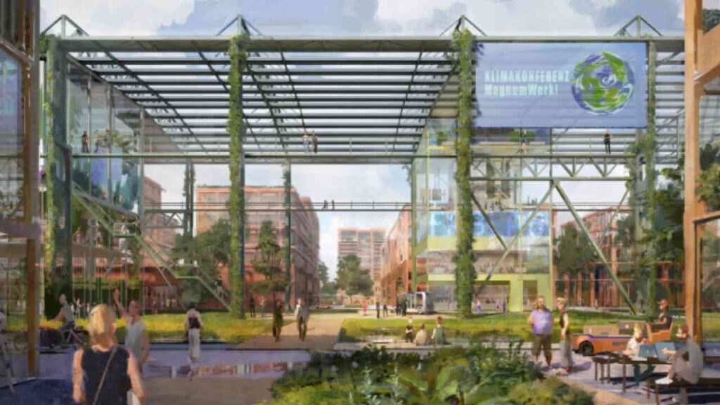 Visualisierung eines modernen urbanen Areals mit einem transparenten Gebäude und grünen Pflanzen in Osnabrück.