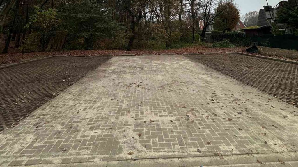 Parkplatz mit gepflastertem Boden und Laub auf der Oberfläche in einem Waldgebiet.