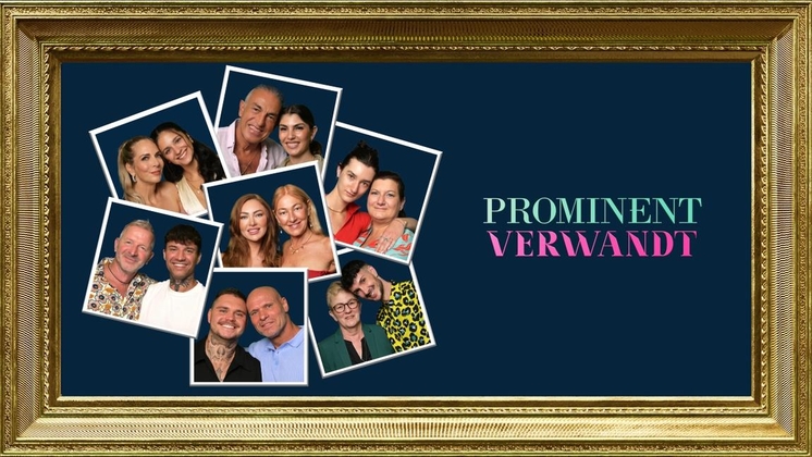 Collage von Porträts verschiedener Personen in einem goldenen Rahmen mit dem Text 'Prominent Verwandt'.