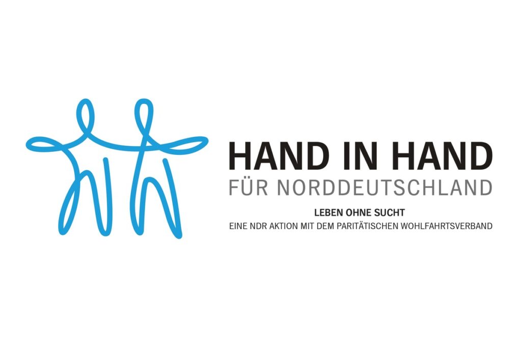 Logo der Aktion 'Hand in Hand für Norddeutschland' mit stilisierten Figuren und dem Slogan 'Leben ohne Sucht'.