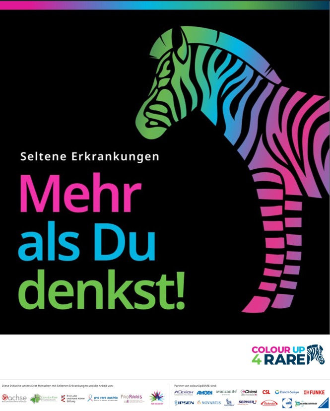 Buntes Plakat mit einem Zebra und dem Text 'Seltene Erkrankungen - Mehr als Du denkst!' im Rahmen einer Kampagne.