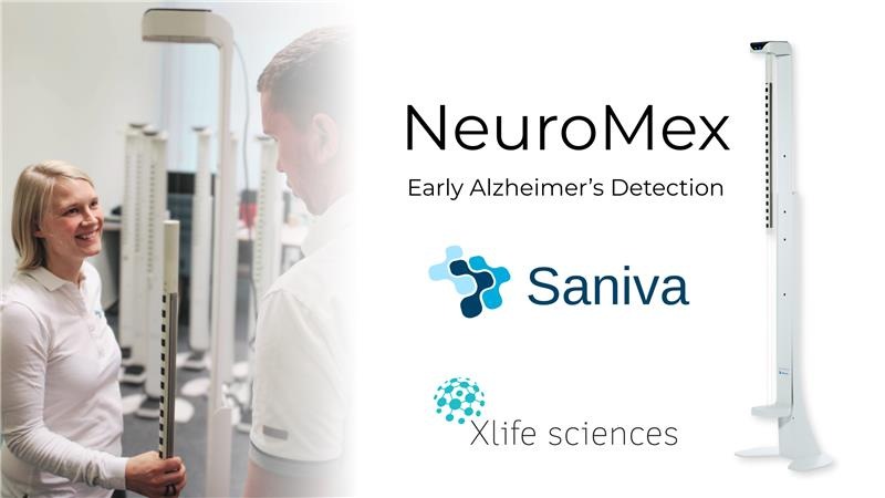 Gerät zur Früherkennung von Alzheimer, präsentiert von Saniva und Xlife Sciences, mit zwei Personen im Gespräch.