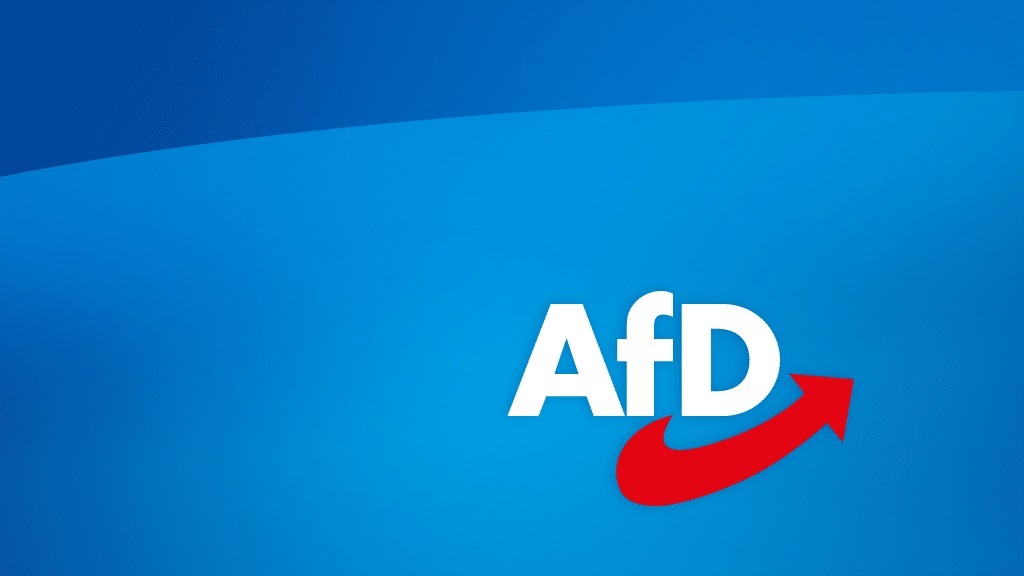 Logo der AfD mit rotem Pfeil auf blauem Hintergrund, das die Buchstaben AfD in weißer Schrift zeigt.