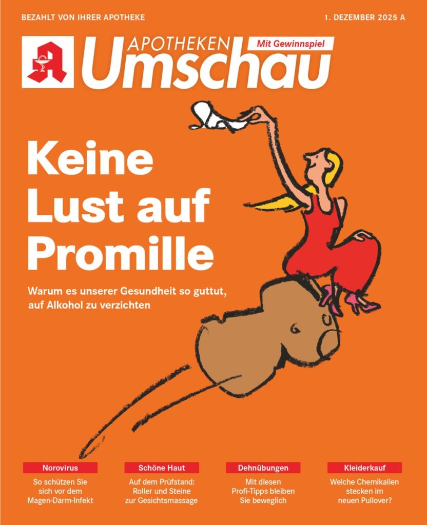 Cover der Apotheke Umschau mit einer Illustration von einer Frau und einem Bären, die über Gesundheitsthemen diskutieren.