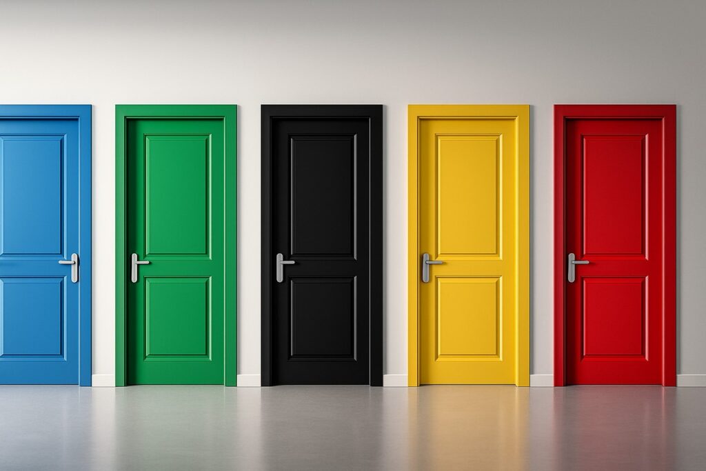 Fünf Türen in verschiedenen Farben: Blau, Grün, Schwarz, Gelb und Rot, auf einem neutralen Hintergrund.