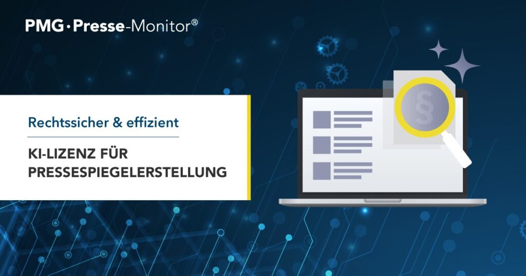 Grafik mit einem Laptop, der eine KI-Lizenz für die Erstellung von Pressespiegeln darstellt, umgeben von digitalen Symbolen.