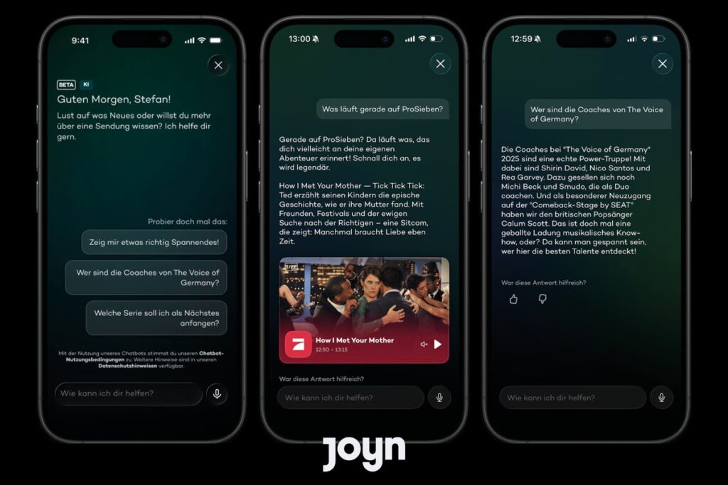 Drei Smartphone-Bildschirme, die die Benutzeroberfläche der Joyn-App mit verschiedenen Funktionen und Inhalten zeigen.