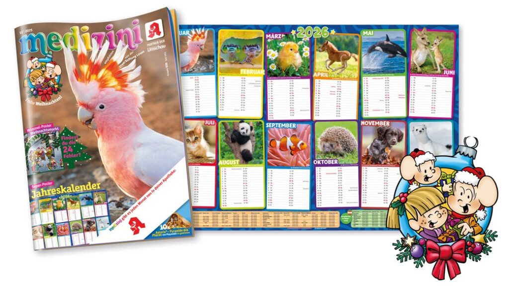 Super Poster Jahreskalender 2026, Wimmelspaß auf dem Weihnachtsmarkt und kreative Bastelideen: So vielseitig ist das neue medizini!