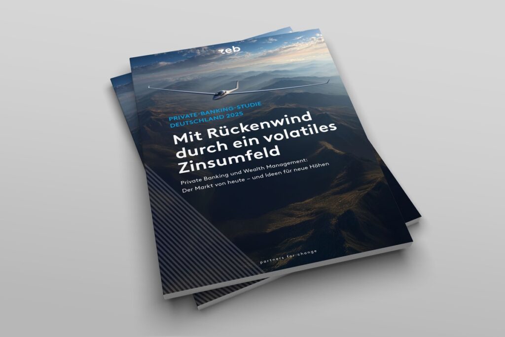 Broschüre zur Private Banking Studie 2025 mit dem Titel 'Mit Rückenwind durch ein volatiles Zinsumfeld'.