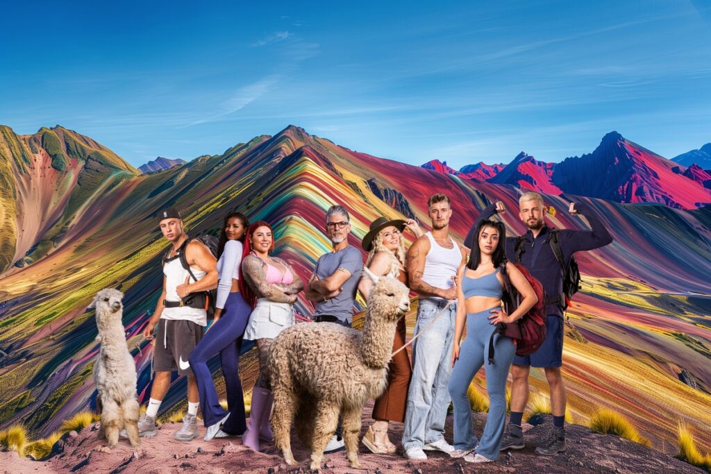 Gruppe von Reisenden in sportlicher Kleidung, posierend mit Alpakas vor bunten Berglandschaften in Peru.