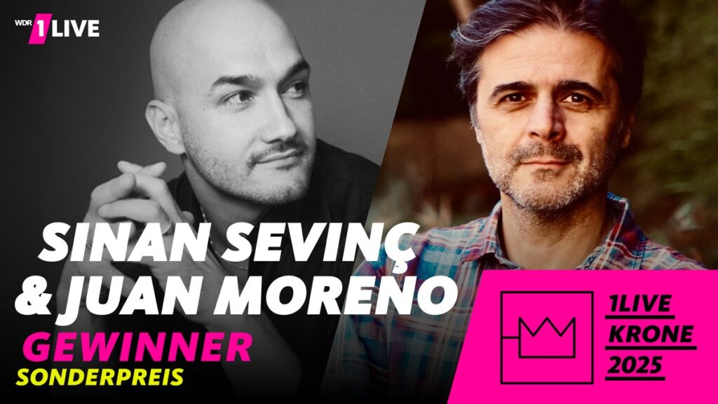 Sinan Sevinç und Juan Moreno, Gewinner des Sonderpreises 1LIVE Krone 2025, in einem grafischen Layout.
