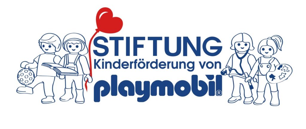 Logo der Stiftung Kinderförderung von Playmobil mit vier Figuren und einem roten Herzballon.
