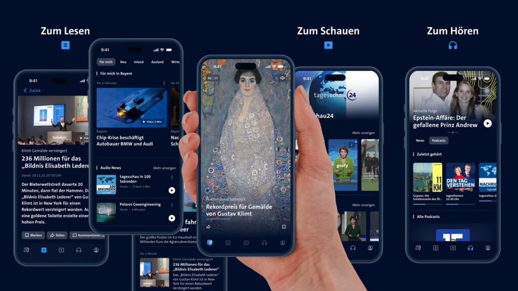 Smartphones zeigen die Benutzeroberfläche der Tagesschau-App mit verschiedenen Medieninhalten und Navigationsoptionen.