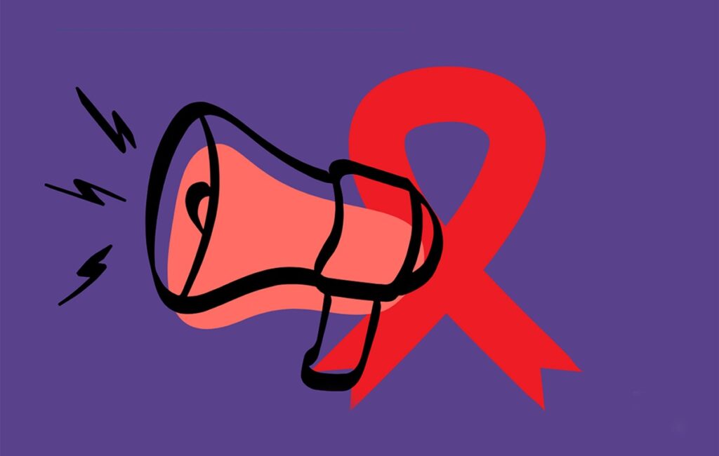 Grafik eines Megaphons mit einem roten Schleifen-Symbol auf lila Hintergrund, das Aufmerksamkeit erregt.