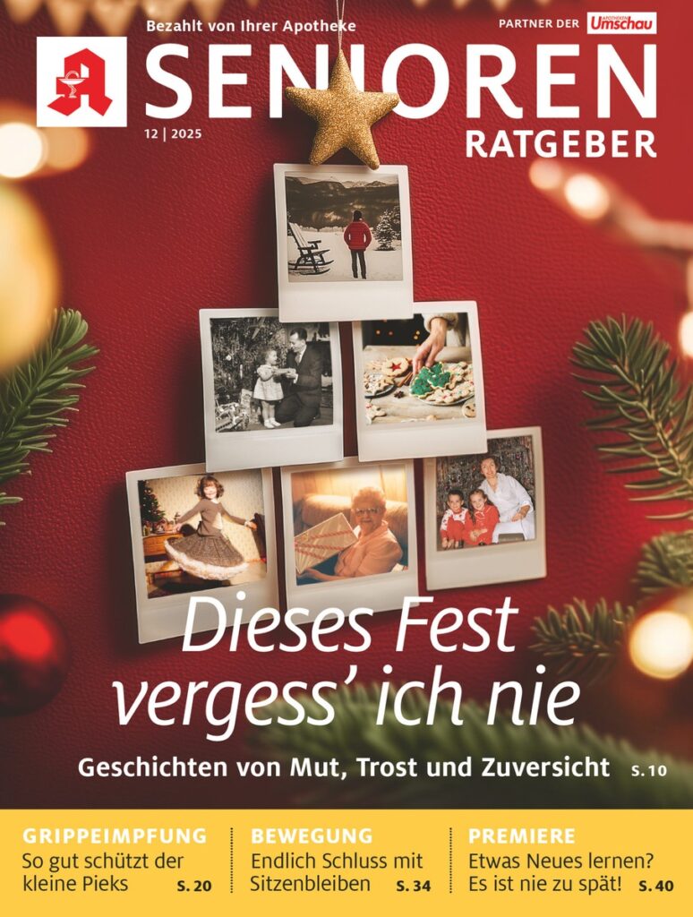 Cover des Magazins Senioren Ratgeber mit Weihnachtsmotiven und Fotos auf rotem Hintergrund.
