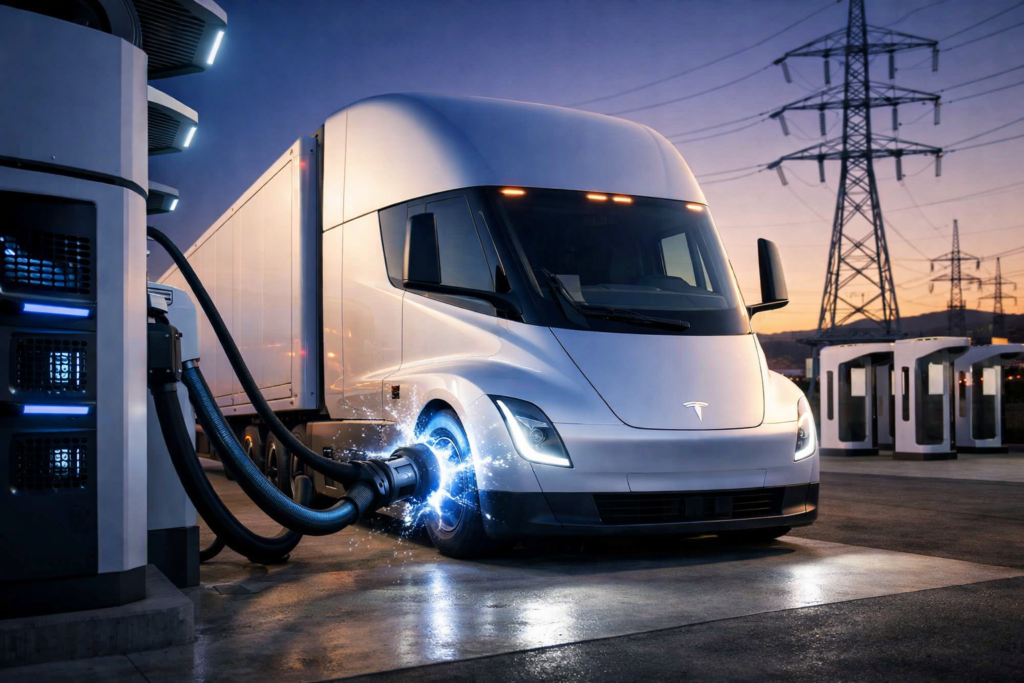 Tesla Semi lädt bei Dämmerung
