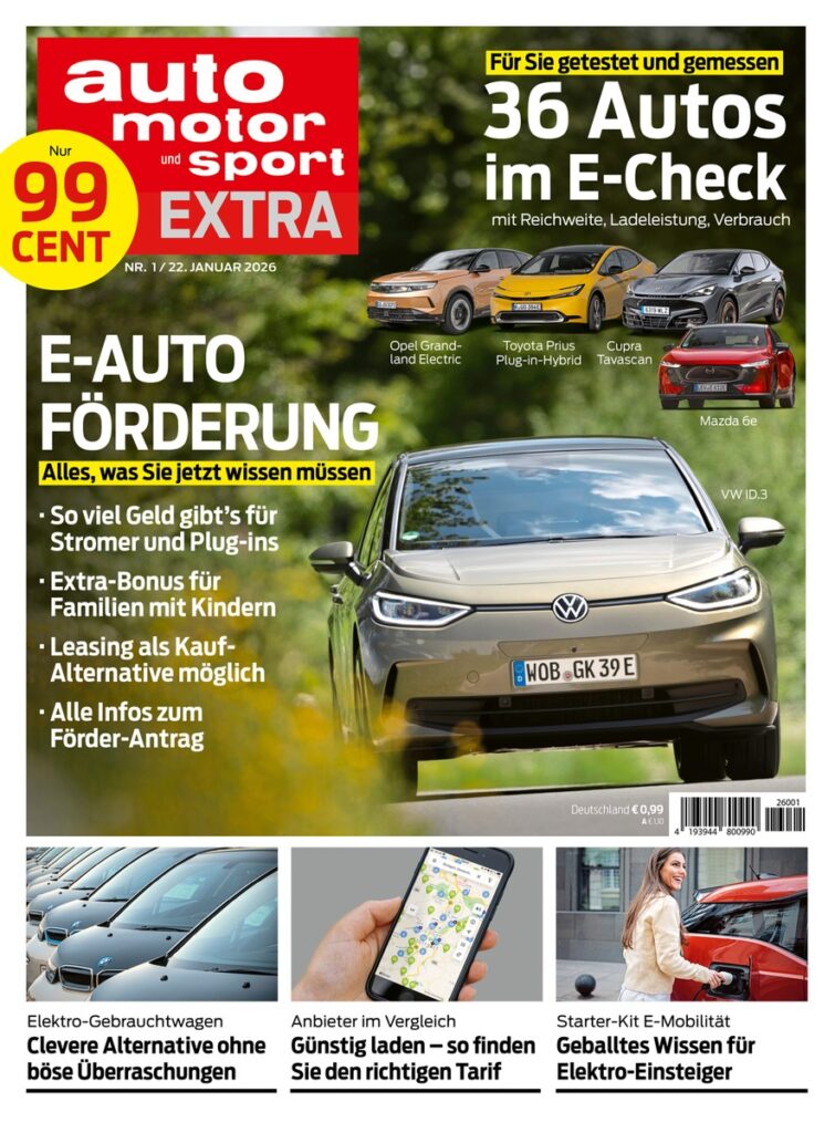 Auto motor und sport erklärt die neue E Auto Förderung in Extra Ausgabe für 99 Cent / Inklusive Tests von 36 Elektro und Hybridmodellen