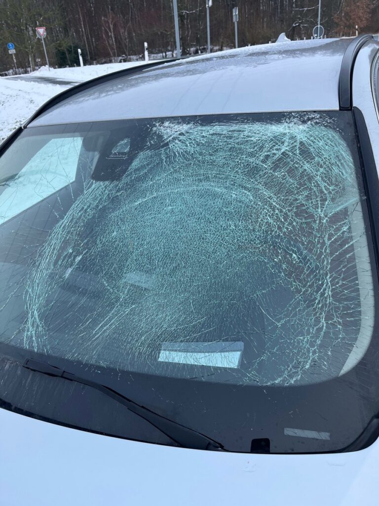Die stark beschädigte Windschutzscheibe des Autos.