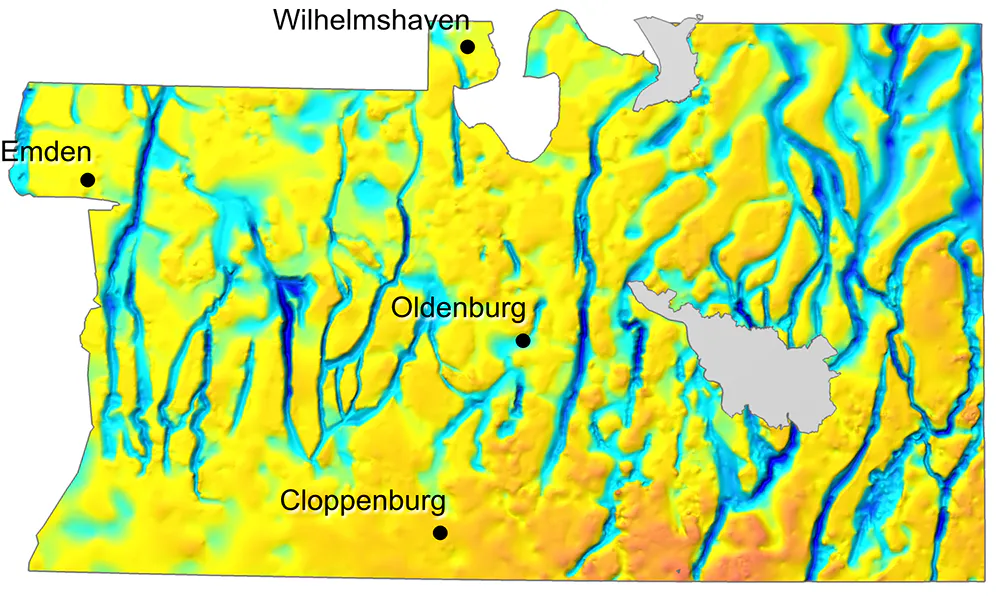 Das LBEG hat jetzt für den Nordwesten Niedersachsens das Teilmodell der Quartärbasis veröffentlicht, auf dem in Blau die subglazialen Rinnen deutlich erkennbar sind.