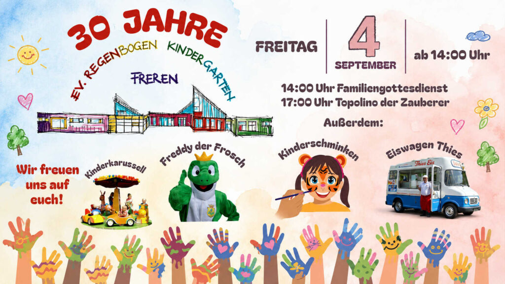 Plakat zum 30-jährigen Jubiläum des Evangelischen Regenbogen-Kindergartens in Freren