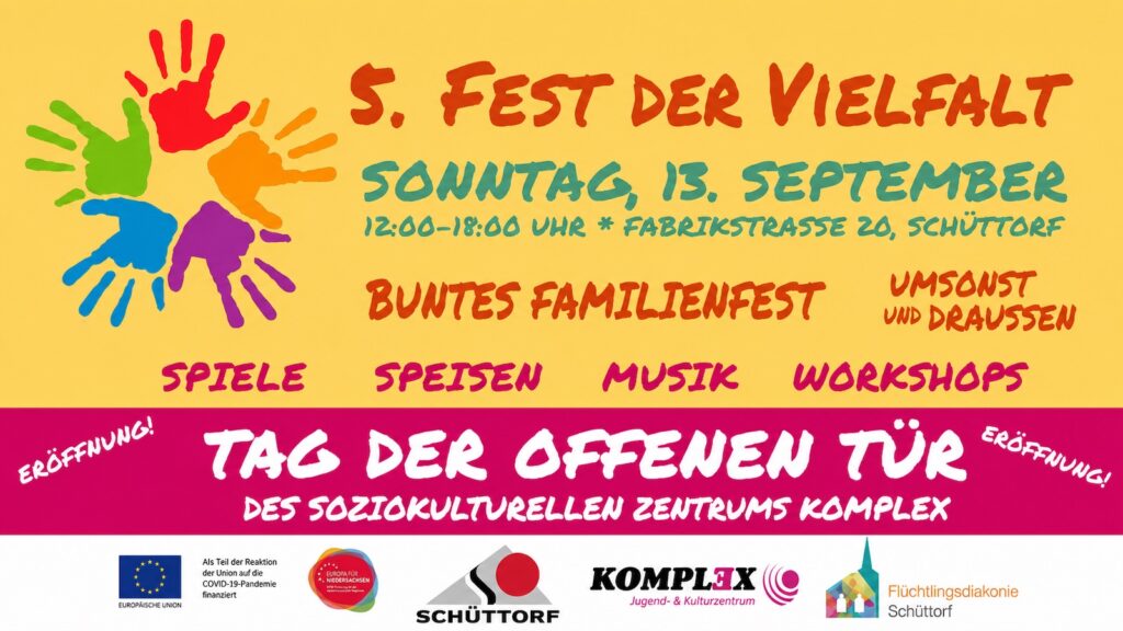 Ankündigungsgrafik zum 5. Fest der Vielfalt und zur Eröffnung des Soziokulturellen Zentrums Komplex am 13. September in Schüttorf