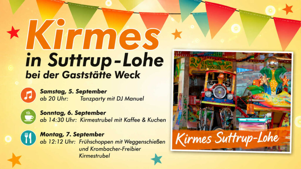 Plakat zur Kirmes in Suttrup-Lohe vom 5. bis 7. September mit Karussellmotiv