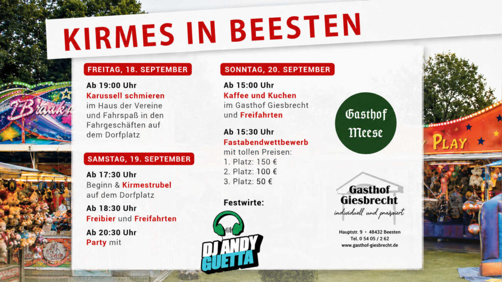 Plakat zur Kirmes in Beesten vom 18. bis 20. September 2026