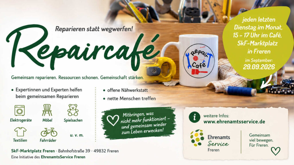 Plakat zum Repaircafé in Freren mit Werkzeug und Tasse auf einer Werkbank