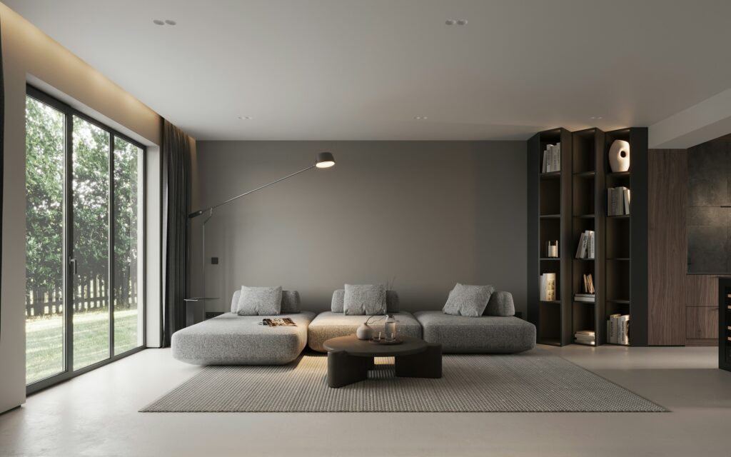 Modernes Wohnzimmer mit Sofa, Symbolbild für Einrichtung