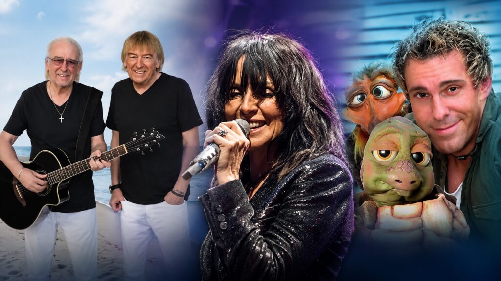 Bildcollage mit den Amigos, Nena am Mikrofon und Sascha Grammel mit zwei seiner Puppenfiguren
