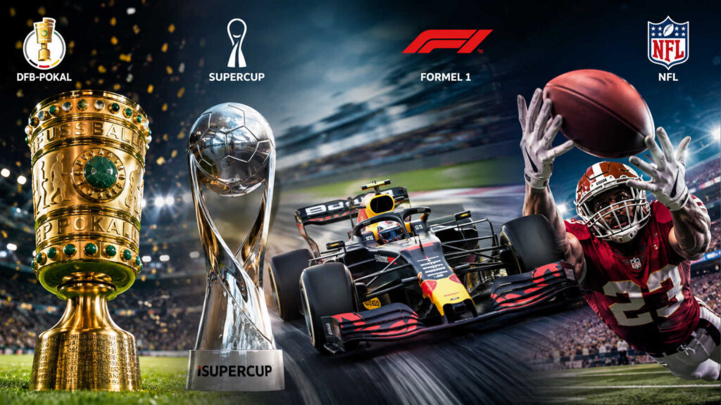 Bildmontage mit DFB-Pokal, Supercup-Trophäe, Formel-1-Rennwagen und NFL-Spieler vor Stadionkulisse