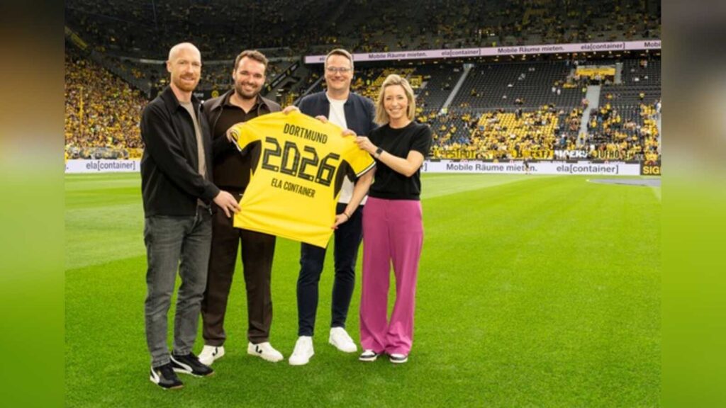 Vertreter von ELA Container und Borussia Dortmund bei der Bekanntgabe der neuen Partnerschaft