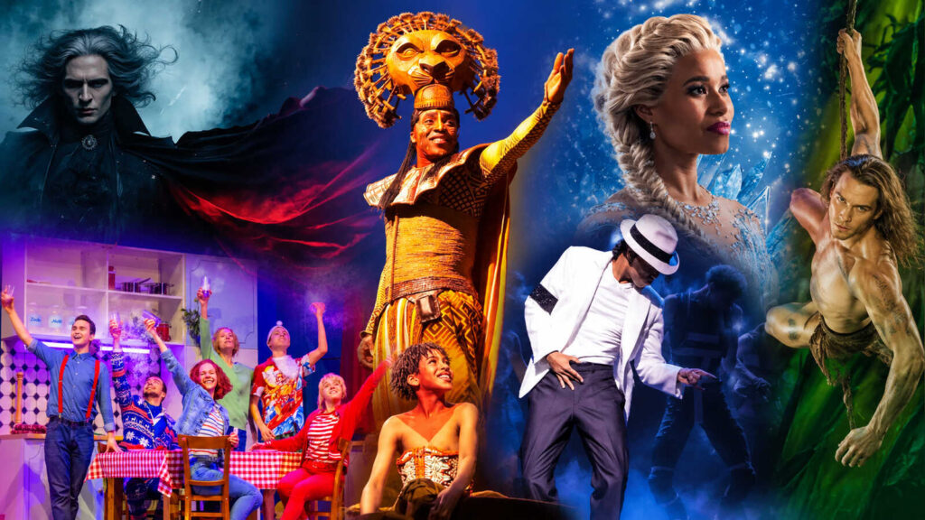 Werbebanner der STAGE-Entertainment-Rabattaktion mit Motiven aus Dracula, König der Löwen, Die Eiskönigin, MJ und Tarzan