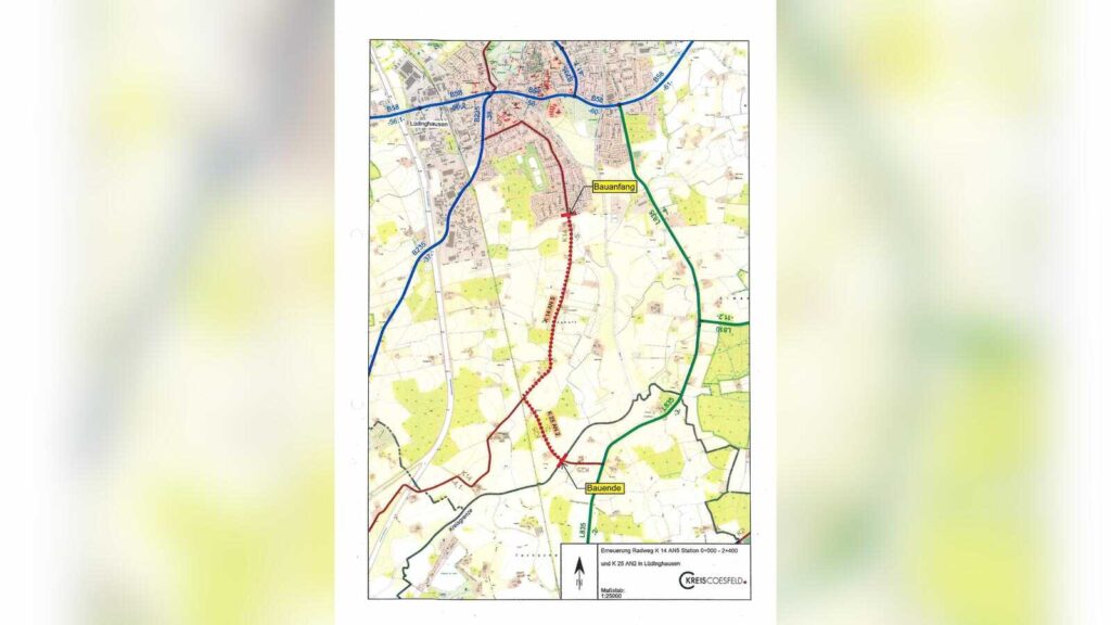 Kartenausschnitt zur Erneuerung des Geh- und Radwegs entlang der K 14 und K 25 in Lüdinghausen