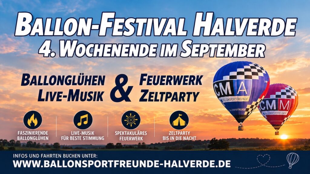 Ankündigungsplakat zum Ballon-Festival Halverde mit Heißluftballons bei Sonnenuntergang