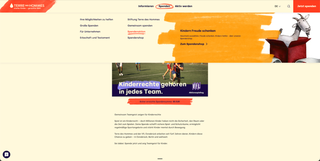 Screenshot der Spendenseite tdh.de/vfl von Terre des Hommes und VfL Osnabrück