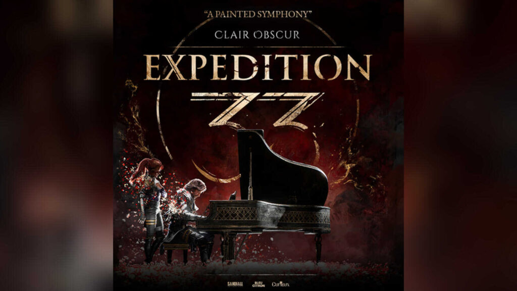 Konzertplakat „Clair Obscur: Expedition 33 – A Painted Symphony“ mit Klavier und zwei Figuren aus dem Spiel