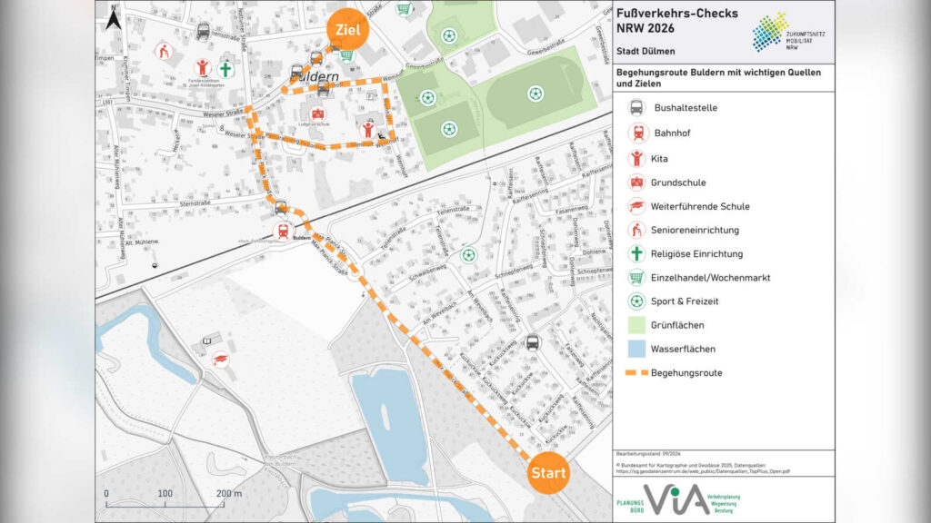 Karte mit der Route der Begehung in Buldern beim Fußverkehrs-Check Dülmen
