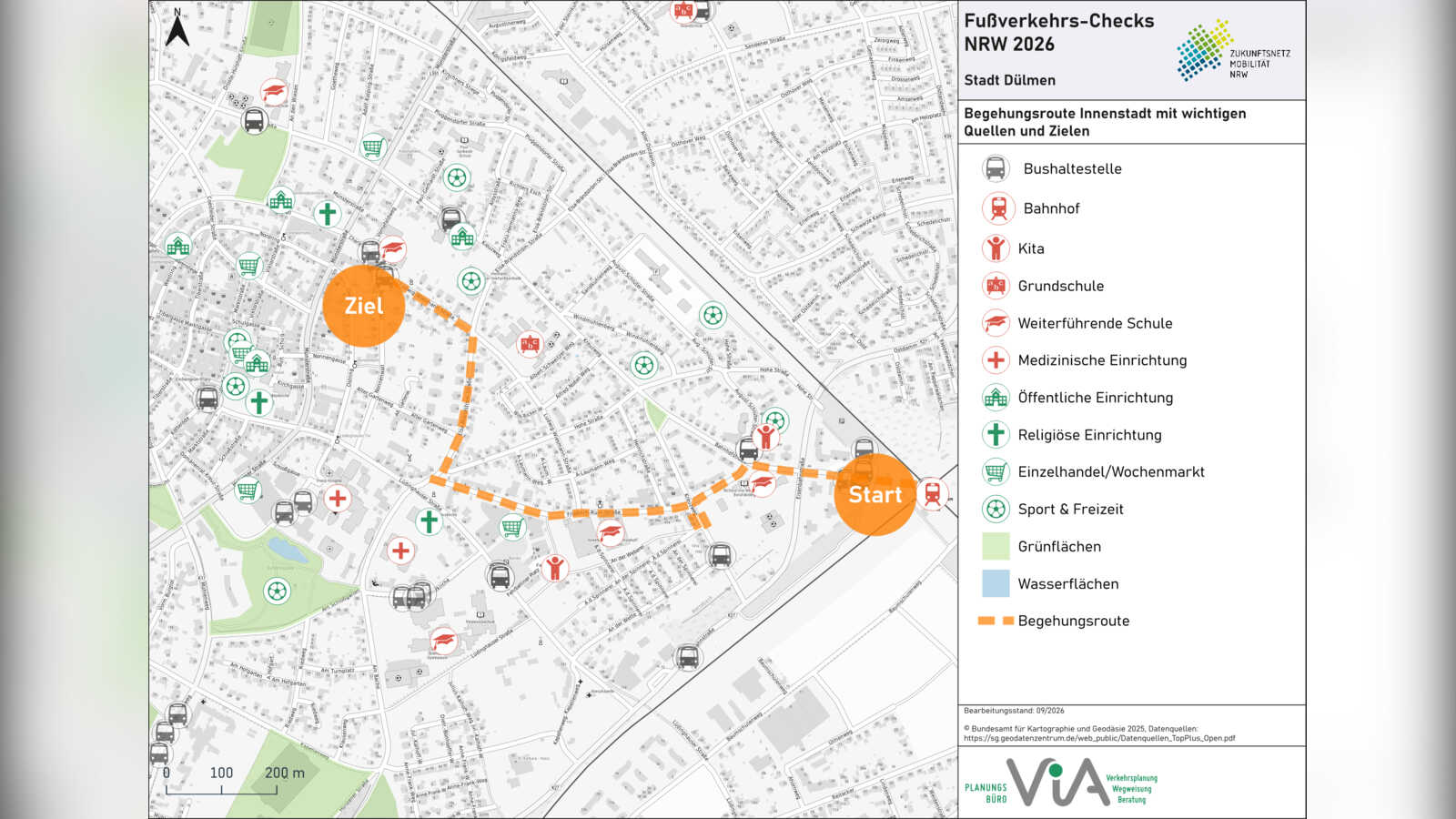 Karte mit der Route der Begehung vom Bahnhof in die Dülmener Innenstadt beim Fußverkehrs-Check